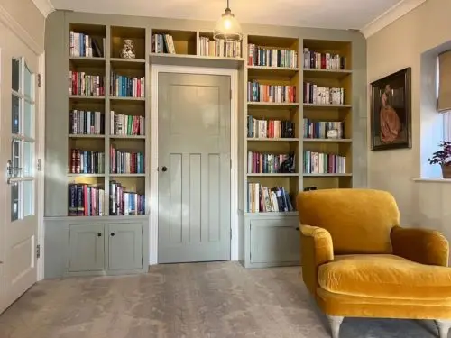 Bespoke Fitted Bookcase
Face Frame and Cupboards finished in F&B French Grey
Back finished in F&B India Yellow
Aged Bronze Ironmongery image
