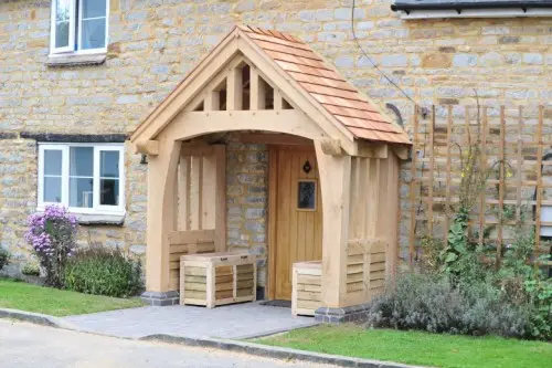 Green Oak Porch with Cedar Shingles & Storage Boxes image